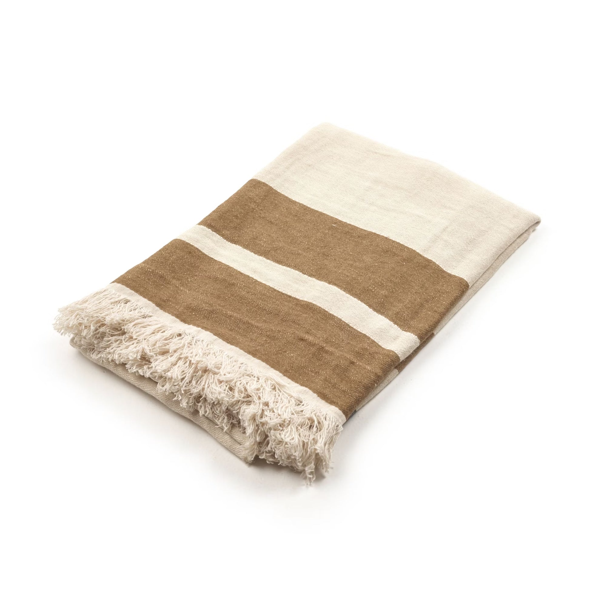 plaid en lin rayé beige marron et bleu libeco